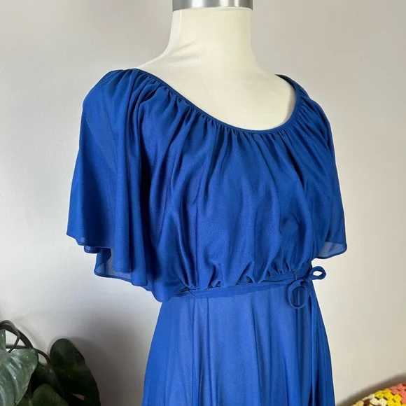 Vintage 70’s Young Edwardian Royal Blue Angel Sleeve Sheer Midi Dress - Picture 8 of 14